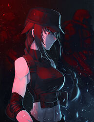  abs bare_shoulders black_hair braid chinese_commentary commentary_request female hat helevu hetza_(hellshock) long_hair original red_eyes solo 