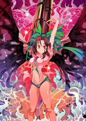  alternate_costume alternate_weapon arm_cannon arms_up bird_wings black_wings bow breasts brown_hair cape chinese_commentary commentary_request female green_bow hairbow highres looking_at_viewer medium_breasts midriff navel photoshop_(medium) red_eyes reiuji_utsuho shirt short_shorts short_sleeves shorts smile solo third_eye touhou weapon wings xin_yu_hua_yin 