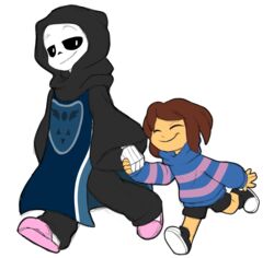  alternate_universe altertale ambiguous_gender animated_skeleton bone brown_hair clothing duo footwear friisans frisk_(undertale) hair hi_res hoodie human mammal not_furry sans_(altertale) sans_(undertale) shoes simple_background skeleton skull slippers smile topwear undead undertale undertale_(series) white_background 