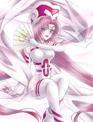  arm_support bare_shoulders blue_eyes breasts commentary_request elbow_gloves facial_mark female forehead_mark gloves hagoromo hand_fan hat highleg highleg_leotard holding holding_fan houshin_engi leotard long_eyelashes long_hair medium_breasts open_mouth pink_hair shawl sirotuka_lambda sitting smile so_dakki solo thighhighs very_long_hair white_footwear white_thighhighs 