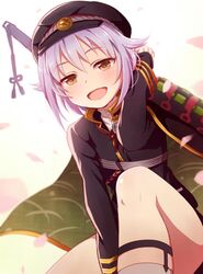  :d brown_eyes cape commentary_request cosplay female hotarumaru hotarumaru_(cosplay) idolmaster idolmaster_cinderella_girls koshimizu_sachiko looking_at_viewer open_mouth purple_hair short_hair smile solo touken_ranbu udon_(memai_no_kabe) 