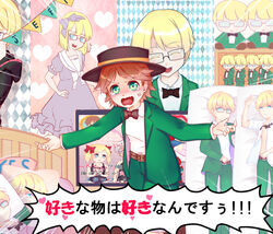  1boy anger_vein angry bed belt blonde_hair blue_eyes blush bow bowtie brown_hair character_doll character_name commentary crossdressing dakimakura_(object) dress glasses green_eyes hairbow hat jeff_andonuts male_focus mother_(game) mother_2 otoko_no_ko pillow poster_(object) sailor_collar sailor_dress school_uniform solo tears television tony_(mother_2) translated wavy_mouth yamamori_uniko yes yes-no_pillow 