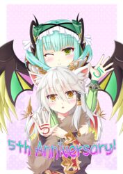  2girls :o animal_ears anniversary arm_around_shoulder arm_on_another&#039;s_shoulder arm_over_shoulder astaroth_(p&amp;d) bad_id bad_pixiv_id bare_shoulders blunt_bangs blush body_writing border closed_mouth commentary_request demon_girl demon_horns detached_sleeves english_text eyelashes eyes_visible_through_hair feathered_wings fingernails floral_background frills fur-trimmed_sleeves fur_trim gold_trim gradient_background green_eyes green_hair green_nails hair_between_eyes hair_tubes hand_up head_tilt headdress highres horns ilmina_(p&amp;d) long_hair long_sleeves looking_at_viewer multicolored_wings multiple_girls nail_polish noname_(reticulian) one_eye_closed open_hand open_mouth outside_border pink_background polka_dot polka_dot_background puzzle_&amp;_dragons raised_eyebrows sharp_fingernails sidelocks sleeve_cuffs smile spiked_wings white_border white_hair wings yellow_eyes 