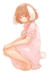  animal_ears barefoot brown_hair carrot commentary_request dress female inaba_tewi ma_nyan_(nyao_mao_nyao) rabbit_ears rabbit_tail red_eyes smile squatting tail touhou 