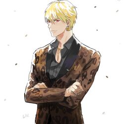  1boy animal_print bad_id bad_pixiv_id blonde_hair crossed_arms earrings fate/extra fate/extra_ccc fate_(series) gilgamesh_(fate) gilgamesh_(modern_costume_of_volupte)_(fate) jacket jewelry lancelot_(smalock) leopard_print male_focus official_alternate_costume red_eyes short_hair solo 