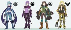  4boys :3 blonde_hair blue_hair brown_hair cape commentary_request crop_top drag-on_dragoon drag-on_dragoon_3 dress_shirt five_(drag-on_dragoon) flower four_(drag-on_dragoon) full_body fur_trim genderswap_(ftm) green_background hair_flower hair_ornament long_sleeves looking_at_viewer mole mole_under_eye multiple_boys pants purple_hair rule_63 scarf shield shinzui_(fantasysky7) shirt simple_background three_(drag-on_dragoon) two_(drag-on_dragoon) vest white_shirt 