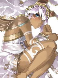  bare_legs barefoot blue_eyes blush bodypaint bracer clenched_hands commentary_request dark-skinned_female dark_skin egyptian egyptian_clothes female from_side gold_trim hands_up headdress highres knees_up long_hair looking_at_viewer looking_to_the_side mosamune parted_lips puzzle_&amp;_dragons simple_background solo sopdet_(p&amp;d) white_background white_hair 