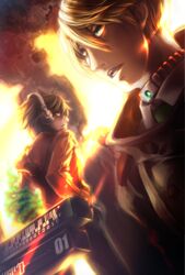  2boys accessory_(freedom_wars) blonde_hair brown_hair collar collared_shirt commentary_request freedom_wars green_eyes headphones highres hood hooded_vest hoodie multiple_boys ootsuno_kei open_mouth red_eyes shirt togabito vest 