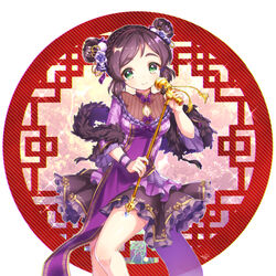  braid commentary_request double_bun dress feather_boa female flower green_eyes hair_bun hair_flower hair_ornament holding holding_microphone idolmaster idolmaster_cinderella_girls looking_at_viewer maruna_(maru01) microphone purple_dress short_twintails smile solo standing twintails wristband yao_fueifuei 