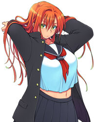  adjusting_hair arms_behind_head breasts commentary_request crop_top crop_top_overhang eroe female gakuran genderswap_(mtf) green_eyes hair_lift hand_in_own_hair hands_in_hair igarashi_kyou_(eroe) large_breasts long_hair looking_at_viewer navel orange_hair original photoshop_(medium) pleated_skirt rule_63 sailor_collar school_uniform serafuku skirt smile solo 