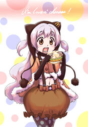  blush bow bubble_skirt commentary_request cowboy_shot eating english_text eyebrows female food hat long_hair magical_girl mahou_shoujo_madoka_magica mahou_shoujo_madoka_magica:_hangyaku_no_monogatari mcdonald&#039;s midriff momoe_nagisa momoe_nagisa_(magical_girl) multicolored_eyes navel open_mouth pantyhose polka_dot polka_dot_background polka_dot_legwear pxton red_eyes sandwich skirt solo two_side_up very_long_hair white_hair yellow_eyes 