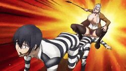  animated animated black_hair black_legwear boots breasts cleavage fujino_kiyoshi glasses high_heel_boots high_heels huge_breasts kangoku_gakuen knee_boots multiple_boys neck_ribbon no_bra panties pantyshot prison_clothes prison_school prisoner ribbon riding_crop shiraki_meiko sitting_on_face sitting_on_person skirt squatting thighhighs underwear upskirt violence wiping 