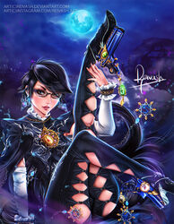  ass bayonetta bayonetta_(series) bayonetta_2 black_hair chromatic_aberration commentary_request earrings female full_moon glasses gun handgun highres javier_estrada jewelry leg_lift leg_up looking_at_viewer love_is_blue_(bayonetta) mole mole_under_mouth moon necklace night night_sky parted_lips short_hair sky solo watermark weapon web_address 