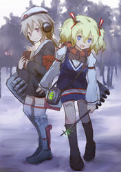  2girls armband bag beret black_legwear black_skirt blue_eyes book boots bow bowtie commentary_request earmuffs forest glowworm_(warship_girls_r) grey_eyes hair_ornament hat hibiki_(warship_girls_r) holding holding_book holding_wand kneehighs looking_at_viewer multiple_girls nature open_mouth scarf short_hair shoulder_bag skirt smile snow socks standing sweater_vest torpedo twintails ujo_(kho3361) verniy_(warship_girls_r) wand warship_girls_r white_legwear 