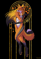  abstract_background anthro art_nouveau black_background breasts canid canine casual_nudity digitigrade female fox fur gloves_(marking) hindpaw leaf leg_markings mammal markings nude orange_body orange_fur paws reyna_(reynafox) simple_background smile socks_(marking) solo under_boob winterbalg yellow_eyes 