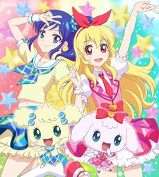  2girls :d aikatsu! aikatsu!_(series) arm_up bad_id blonde_hair blue_eyes blue_hair blush bow clenched_hand colorful company_connection crossover flat_chest frilled_skirt frills gradient_background green_eyes hair_bobbles hair_ornament hair_ribbon hair_scrunchie hairband hairbow hoshimiya_ichigo kiraritchi kiriya_aoi leg_lift light_smile long_hair looking_at_viewer mascot midriff multicolored_background multiple_girls navel neckerchief necktie open_mouth plaid plaid_neckerchief plaid_scrunchie plaid_skirt pokemoa pose puffy_short_sleeves puffy_sleeves red_eyes ribbon school_uniform scrunchie serafuku shirt shoes short_sleeves side_ponytail sidelocks skirt smile sparkle sparkling_eyes standing standing_on_one_leg star_(symbol) starry_background tamagotchi v very_long_hair vest wrist_cuffs yumemitchi 