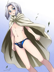  1boy arslan arslan_senki blue_eyes bulge cape commentary_request grey_hair long_hair male_focus male_swimwear nipples ponytail solo standing swim_briefs torajimaneko 