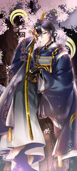  1boy blue_eyes blue_hair cherry_blossoms commentary_request crescent_moon highres japanese_clothes katana male_focus mikazuki_munechika moon sheath sheathed solo sword touken_ranbu weapon wingtemple 