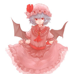  bat_wings commentary_request dress female hat highres light_purple_hair ma_nyan_(nyao_mao_nyao) nail_polish red_eyes remilia_scarlet skirt_hold touhou wings wrist_cuffs 