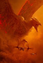  bioluminescence cloud energy epic giant_monster glowing glowing_eyes godzilla_(series) horns kaijuu lava legendary_pictures military military_vehicle monster monsterverse movie_poster official_art osprey_(aircraft) pterodactyl rodan rodan_(2019) toho_(film_company) wings 