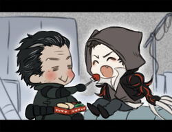  2boys ^_^ alex_mercer animification bad_id bad_pixiv_id black_hair blush chibi claws closed_eyes feeding fork hood hooded_jacket jacket male_focus multiple_boys oerba_yun_fang photoshop_(medium) prototype_(game) ren_(dokyakutu) robert_cross scar 