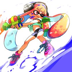  bike_shorts commentary_request downscaled female green_shirt headphones ink_tank_(splatoon) inkling inkling_girl inkling_player_character long_hair md5_mismatch mebae midriff monster_girl navel orange_hair paint resized resolution_mismatch shirt shoes sneakers source_larger splatoon_(series) splatoon_1 splattershot_(splatoon) super_soaker t-shirt tentacle_hair 