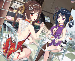  2girls anchor_hair_ornament artist_name ass azur_lane back backless_dress backless_outfit bare_arms bare_back bare_shoulders black_hair black_legwear breasts brown_hair cake cake_slice china_dress chinese_clothes cleavage cleavage_cutout clothing_cutout commentary_request cup dated dress dutch_angle feet_out_of_frame food food_theft fork glass_chair glass_table hair_ornament hair_rings hairband highres holding holding_fork indoors kimyo long_hair looking_at_viewer looking_to_the_side medium_breasts multiple_girls ning_hai_(azur_lane) on_chair panda photoshop_(medium) ping_hai_(azur_lane) plate purple_dress purple_eyes red_dress red_eyes saucer sideboob single_thighhigh sleeveless sleeveless_dress small_breasts spilling table tareme tassel tea teacup tearing_up tears thighhighs tile_floor tiles transparent_seat white_hairband 