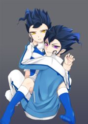  2boys bad_id bad_pixiv_id blue_hair earth_eleven from_behind halilmyo inazuma_eleven_(series) inazuma_eleven_go inazuma_eleven_go_galaxy jacket looking_at_viewer looking_back male_focus manuuba_gibutsu multiple_boys no_shoes parted_lips purple_eyes soccer_uniform socks sportswear track_jacket tsurugi_kyousuke yellow_eyes 