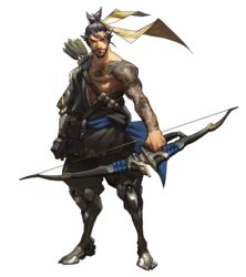  1boy absurdres arnold_tsang arrow_(projectile) beard black_hair boots bow_(weapon) cyborg facial_hair frown full_body hadanugi_dousa hanzo_(overwatch) highres japanese_clothes kimono male_focus official_art open_clothes open_kimono overwatch overwatch_1 quiver seigaiha solo standing tattoo transparent_background weapon 