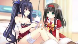  2girls bandages bandaid bandaid_on_knee bandaid_on_leg black_hair blush braid breasts cleavage collarbone curtains dress green_eyes hair_ribbon hairband highres holding imageboard_desourced indoors k-sha long_hair looking_at_another medium_breasts multiple_girls neptune_(series) noire_(neptunia) non-web_source official_art puffy_sleeves red_eyes ribbon sailor_dress shin_jigen_game_neptune_vii short_sleeves sitting stuffed_animal stuffed_toy tsunako twin_braids twintails very_long_hair window 