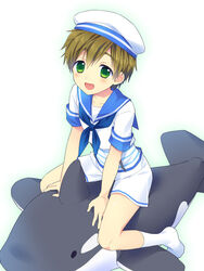  1boy blush brown_hair commentary_request free! full_body green_eyes hat male_focus mo_(nmnme) photoshop_(medium) sailor sailor_hat simple_background smile socks solo tachibana_makoto whale white_background 