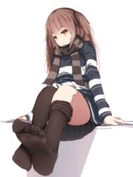  alternate_costume arm_support arms_at_sides asymmetrical_legwear bad_id bad_twitter_id breasts brown_eyes brown_scarf closed_mouth commentary_request feet female foot_focus foreshortening full_body girls&#039;_frontline legs light_brown_hair long_hair long_sleeves looking_at_viewer no_shoes official_alternate_costume one_side_up pale_skin scar scar_across_eye scar_on_face scarf shadow shirt simple_background sitting skirt small_breasts smile soles solo striped_clothes striped_scarf striped_shirt thighhighs thighhighs_pull toe_scrunch toes tsurime ump45_(&quot;just_this_time.&quot;)_(girls&#039;_frontline) ump45_(girls&#039;_frontline) uneven_legwear unimon_e white_background 