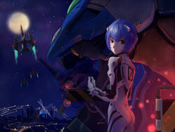  2013 aircraft airplane angel_(evangelion) ass ayanami_rei blue_hair bodysuit building cityscape commentary_request eva_00 eva_01 evangelion_(mecha) female fighter_jet flying glowing hairpods horns interface_headset jet mecha military_vehicle moon neon_genesis_evangelion night night_sky one-eyed pilot_suit plugsuit ramiel_(evangelion) red_eyes robot science_fiction signature single_horn sky skyscraper star_(sky) starry_sky thrusters tyc001x un_heavy_fighter_jet_(evangelion) vtol white_bodysuit 