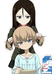  2girls :| adjusting_another&#039;s_hair black_hair black_skirt blonde_hair blue_eyes blue_hair blush bowl brown_hair bunching_hair closed_mouth collarbone commentary commentary_request girls_und_panzer green_jacket green_shirt head_tilt holding holding_another&#039;s_hair holding_spoon jacket katyusha_(girls_und_panzer) long_hair long_sleeves milk milk_carton miniskirt multiple_girls nonna_(girls_und_panzer) one-hour_drawing_challenge pajamas partial_commentary pleated_skirt pravda_school_uniform red_shirt school_uniform shibagami shirt short_twintails signature simple_background sitting skirt spoon standing swept_bangs turtleneck twintails twitter_username 