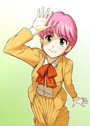  :&gt; commentary_request female g-tetsu green_eyes high_school!_kimengumi kawa_yui pink_hair retro_artstyle school_uniform short_hair skirt smile solo 