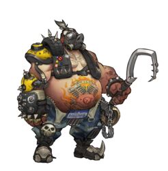  1boy arnold_tsang chains english_text fat fat_man fingerless_gloves full_body gas_mask gloves highres male_focus mask official_art overwatch overwatch_1 pig_tattoo roadhog_(overwatch) single_glove skull solo spikes standing stomach_tattoo tattoo tire topless_male transparent_background weapon white_hair 