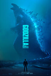  beach bioluminescence dinosaur energy epic fog giant_monster glowing godzilla godzilla_(2019) godzilla_(series) godzilla_2019 kaijuu legendary_pictures monster monsterverse movie_poster mutant night ocean official_art roaring sea spikes tail text_focus toho_(film_company) water 