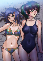  2girls absurdres bikini black_hair blue_hair commentary_request green_eyes highres lips long_hair maruyama_musashi multiple_girls one-piece_swimsuit original photoshop_(medium) ponytail standing swimsuit 