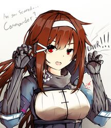  android artist_name b_o_y brown_hair commentary english_text female girls&#039;_frontline hair_ornament headband highres js_9_(girls&#039;_frontline) mechanical_arms mole mole_under_eye red_eyes roaring scarf signature smile 