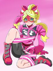  arms_(game) bike_shorts blonde_hair blush bow commentary_request domino_mask female hairbow highres mask multicolored_hair ribbon_girl_(arms) scratching_head shigehiro_(hiroi_heya) shorts shorts_under_skirt skirt solo sweat tangle two-tone_hair 