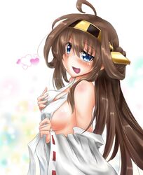  ahoge bare_shoulders blue_eyes brown_hair commentary_request detached_sleeves double_bun female hair_bun hair_ornament hairband headgear japanese_clothes kantai_collection kongou_(kancolle) long_hair nontraditional_miko open_mouth partially_undressed rinrin_(927413) solo upper_body 