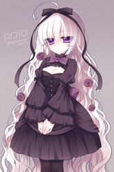  ahoge bad_id bad_pixiv_id bow breasts character_name cleavage cleavage_cutout clothing_cutout commentary_request dress female flower gothic_lolita hair_flower hair_ornament hair_ribbon hairbow heterochromia highres lolita_fashion long_hair medium_breasts original pantyhose pink_eyes purple_eyes ribbon rolo_noir rose solo standing tsukikage_nemu twitter_username very_long_hair wavy_hair white_hair 