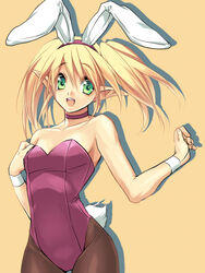  animal_ears blonde_hair choker commentary_request cowboy_shot drop_shadow elf estpolis_denki fake_animal_ears female green_eyes kanikame long_hair miruka_(estpolis_denki) open_mouth pantyhose photoshop_(medium) playboy_bunny pointy_ears rabbit_ears rabbit_tail solo tail twintails wristband 