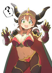  ? absurdres alexstrasza alexstrasza_(cosplay) armor blush breasts brown_hair bural_chingu choker cleavage commentary contrapposto cosplay female flying_sweatdrops gauntlets green_eyes hair_between_eyes ham_na-bi highres horns huge_breasts korean_commentary long_hair looking_at_viewer luke_(dydansgur) midriff navel open_mouth pantyhose simple_background smile solo spoken_question_mark sweat warcraft white_background world_of_warcraft 