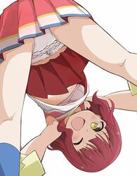  ;d anne_happy bent_over bow bow_bra bra cheerleader commentary female hagyuu_hibiki itamochi looking_at_viewer looking_down miniskirt one_eye_closed open_mouth panties pantyshot red_hair skirt smile solo underwear upshirt upskirt white_bra white_panties 