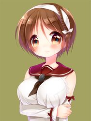  blush braid breasts brown_eyes brown_hair commentary_request detached_sleeves female green_background hair_ribbon hairband kantai_collection large_breasts long_sleeves minami_(apricot_tea) natori_(kancolle) ribbon sailor_collar short_hair simple_background smile solo upper_body white_hairband 