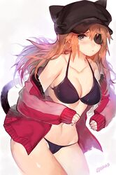  :t bad_id bad_twitter_id bikini black_bikini blue_eyes blush breasts brown_hair cat_tail cleavage collarbone evangelion:_3.0_you_can_(not)_redo eyepatch female hat jacket long_hair medium_breasts mukka navel neon_genesis_evangelion open_clothes open_jacket pout rebuild_of_evangelion simple_background sleeves_past_wrists solo souryuu_asuka_langley swimsuit tail tears track_jacket twitter_username 