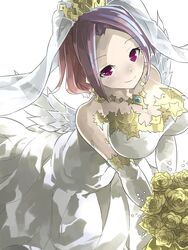  bare_shoulders blush bouquet breasts cleavage closed_mouth commentary_request dress elbow_gloves eschamali_(p&amp;d) eyelashes feathered_wings female flower gem gloves gold_trim highres holding holding_bouquet jewelry large_breasts long_hair looking_at_viewer looking_up mosamune necklace purple_eyes purple_hair puzzle_&amp;_dragons rose see-through simple_background smile solo strapless strapless_dress taut_clothes taut_dress v_arms veil white_background white_dress white_gloves white_wings wings yellow_flower yellow_rose 