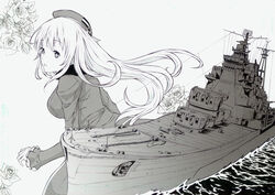  absurdres atago_(cruiser) atago_(kancolle) bad_id bad_pixiv_id beret breasts coat engeki-bu_danshi female flower greyscale hat highres ink_(medium) kantai_collection large_breasts long_hair military military_uniform military_vehicle mixed_media monochrome rose ship solo traditional_media uniform vehicle_and_personification warship watercraft 