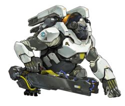  1boy arnold_tsang electricity full_body glasses gorilla highres male_focus official_art overwatch overwatch_1 solo transparent_background weapon winston_(overwatch) yellow_eyes 